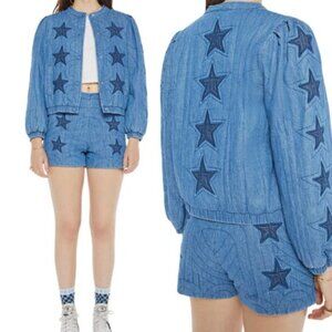 NEW Mother The Rough Puff Quilted Long Sleeve Denim Jacket Blue Size:Extra Small